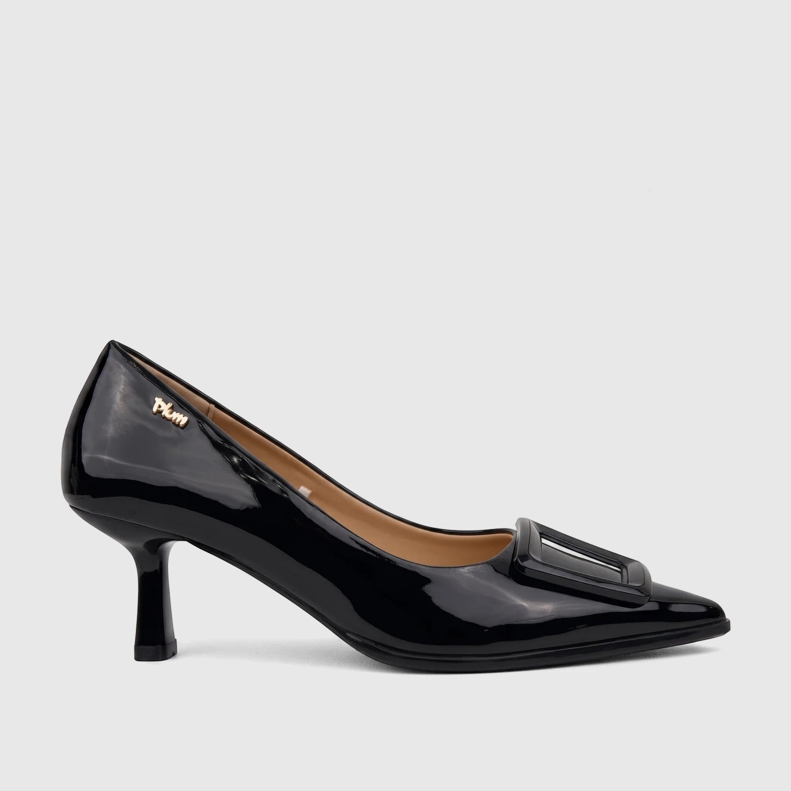 Plum Ladies Dress Court Cameron black patent leather pump with a mid-height stiletto heel and square buckle detail.
