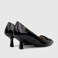 Plum Ladies Dress Court Cameron PL970004 black patent leather high heel shoes, side view.