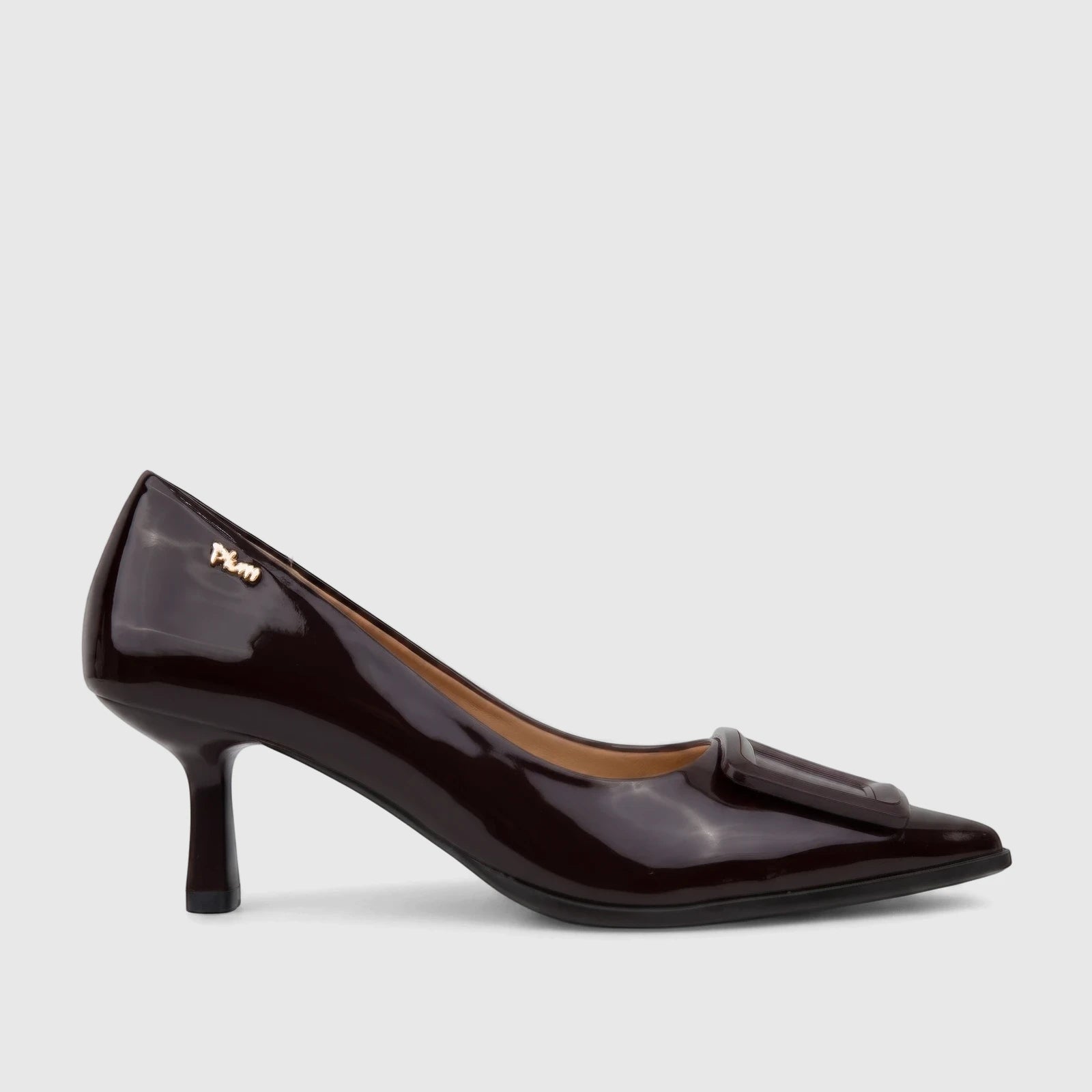 Plum Ladies Dress Court Cameron shoe in chocolate patent leather with a pointed toe and buckle detail, side view.