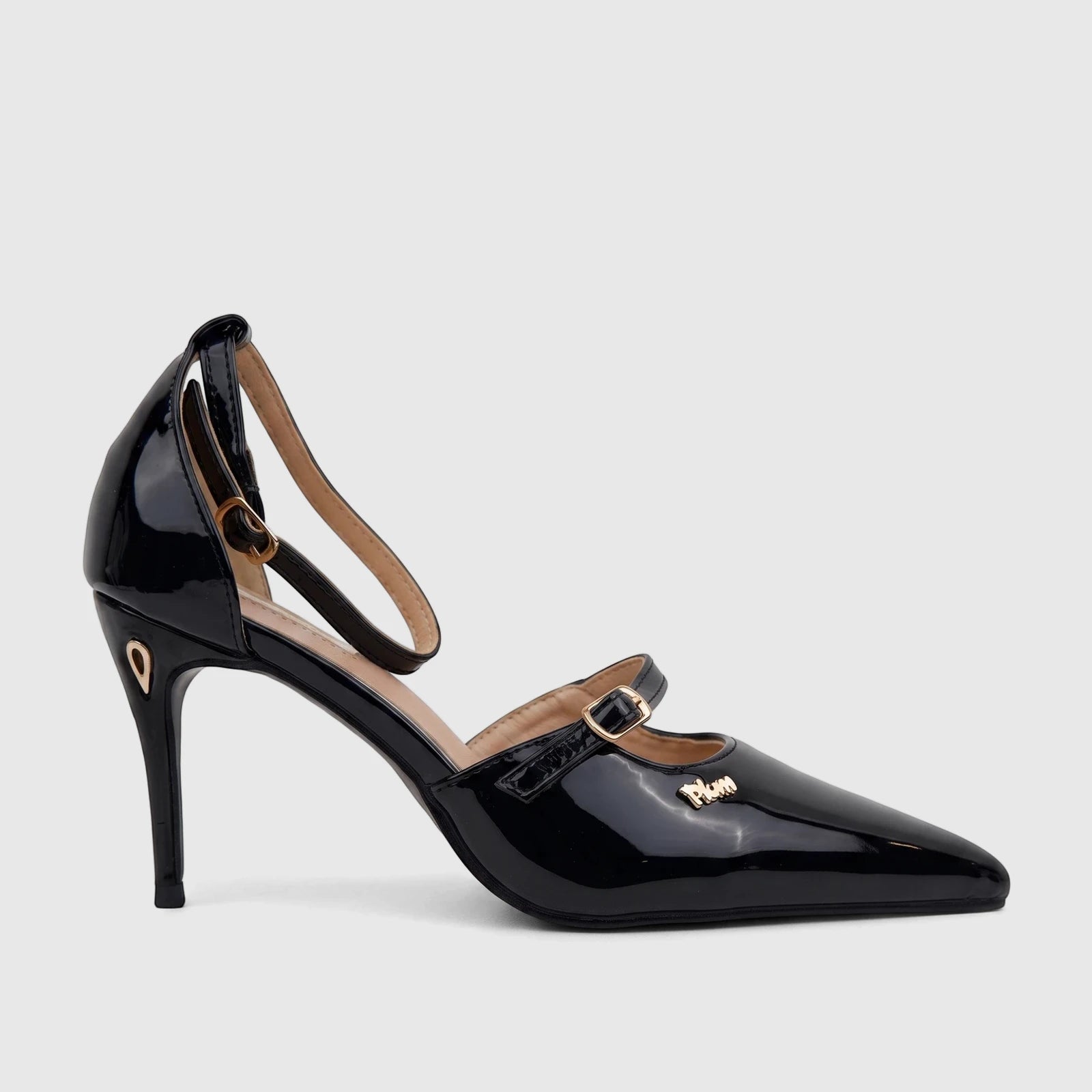 Plum Ladies Dress Court Raven black patent leather high heel shoes with ankle strap and gold buckle.