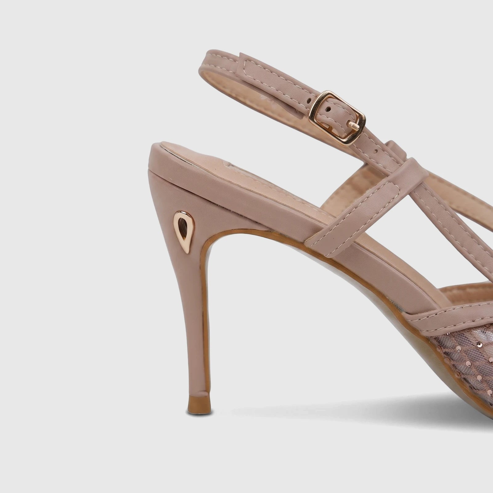Nude Plum Ladies Evening Slingback Court high heel with golden buckle and decorative detail, side view.