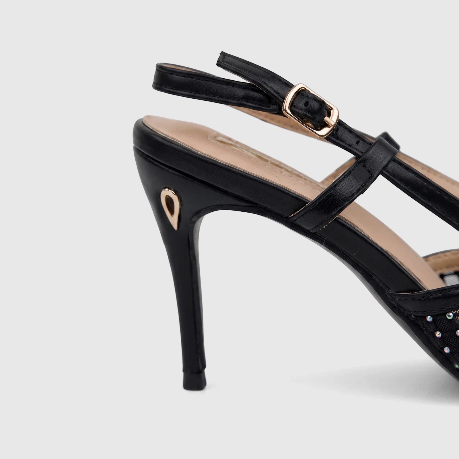 Black Plum Ladies Evening Slingback Court Zuri high-heel shoe with mesh toe, rhinestones, an ankle strap, and gold buckle.