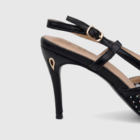 Black Plum Ladies Evening Slingback Court Zuri high-heel shoe with mesh toe, rhinestones, an ankle strap, and gold buckle.