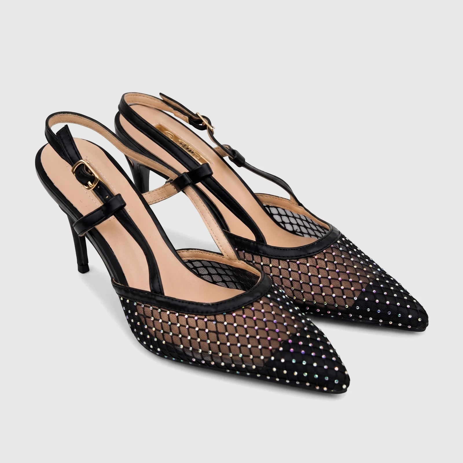 Plum Ladies Evening Slingback Court Zuri PL095631 Black LP4. A pair of black mesh high heels with iridescent rhinestone