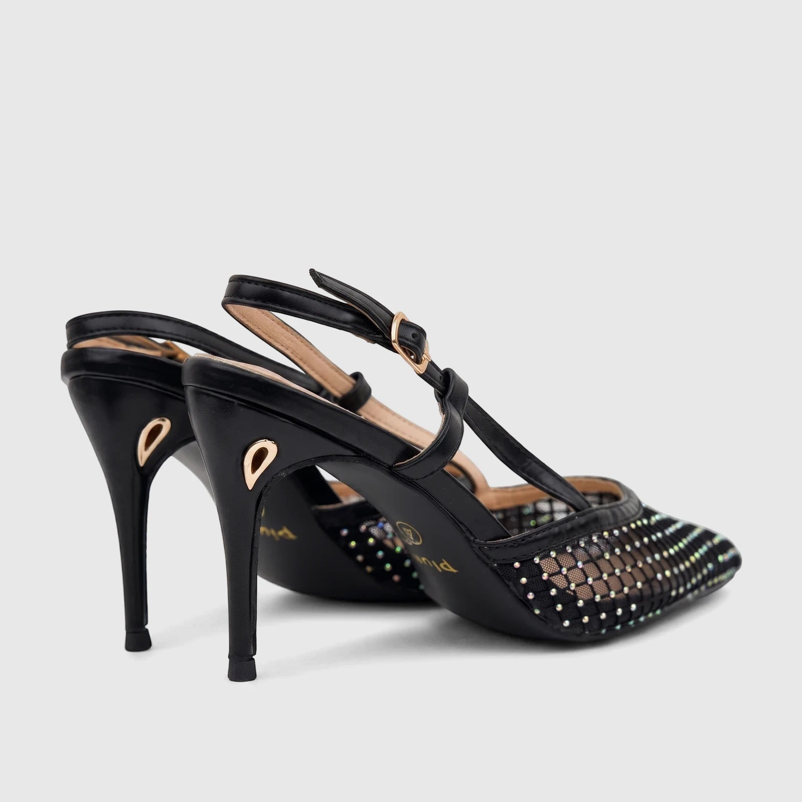 Plum Ladies Evening Slingback Court Zuri shoes in black, featuring mesh uppers with iridescent rhinestones and stiletto