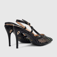Plum Ladies Evening Slingback Court Zuri shoes in black, featuring mesh uppers with iridescent rhinestones and stiletto