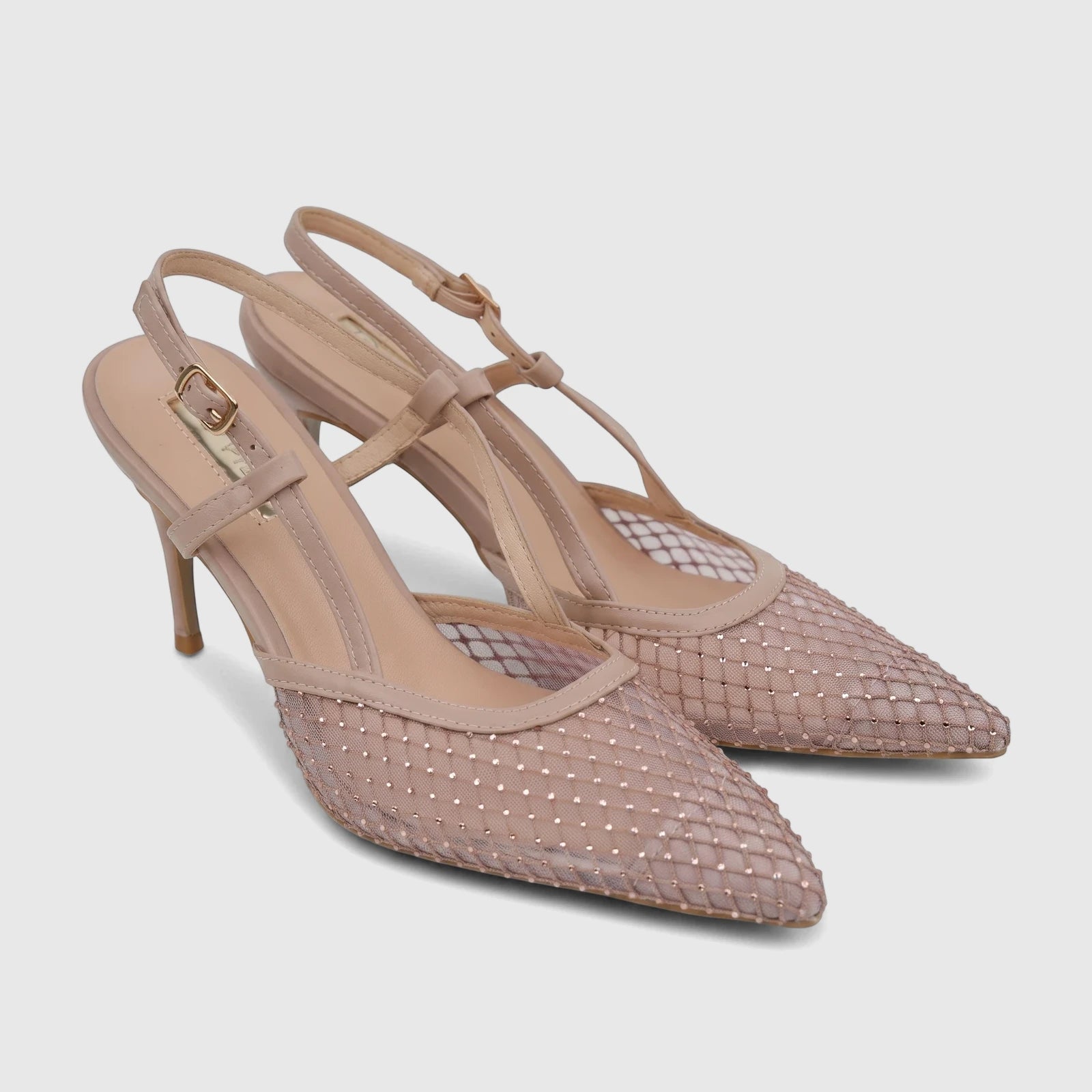 Plum Ladies Evening Slingback Court Zuri PL095631 in nude pink with mesh lattice and studded embellishment.