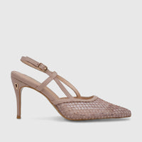 Plum Zuri nude ladies evening slingback court shoe with pointed mesh toe, small stud embellishments, and a high heel.