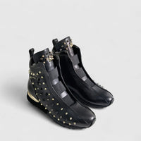 Poletto Ladies Leather Stud Boot Sneaker Black Gold 4257150 Sneakers | familyshoecentre