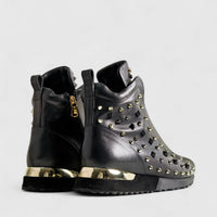 Poletto Ladies Leather Stud Boot Sneaker Black Gold 4257150 Sneakers | familyshoecentre