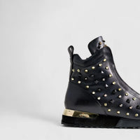 Poletto Ladies Leather Stud Boot Sneaker Black Gold 4257150 Sneakers | familyshoecentre