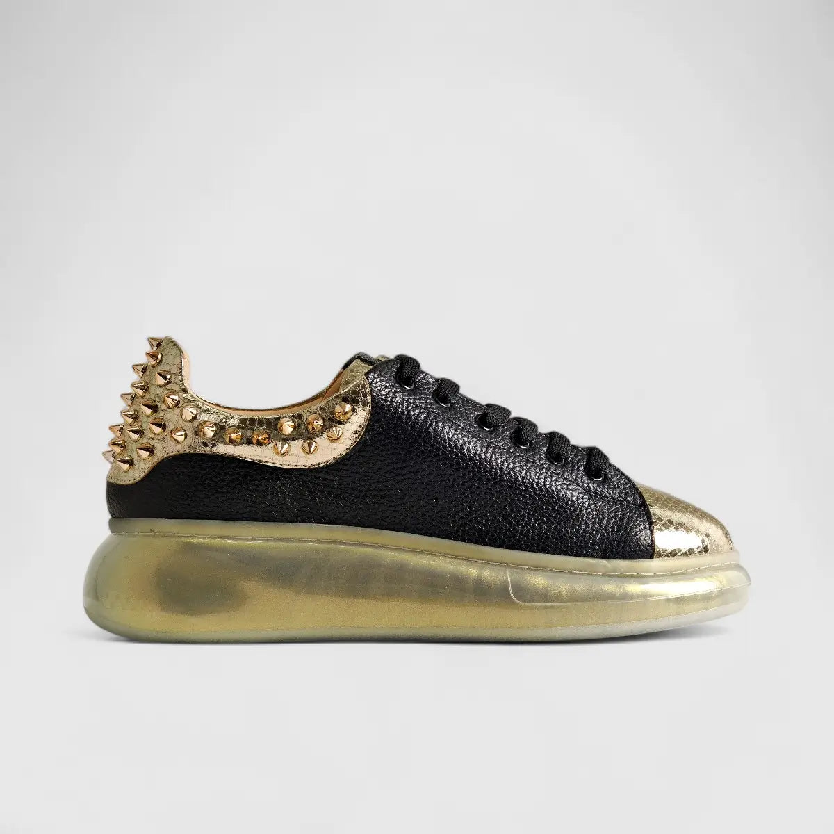 Poletto Ladies Leather Stud Sneaker Black Gold 77701 Sneakers | familyshoecentre