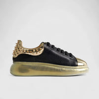 Poletto Ladies Leather Stud Sneaker Black Gold 77701 Sneakers | familyshoecentre