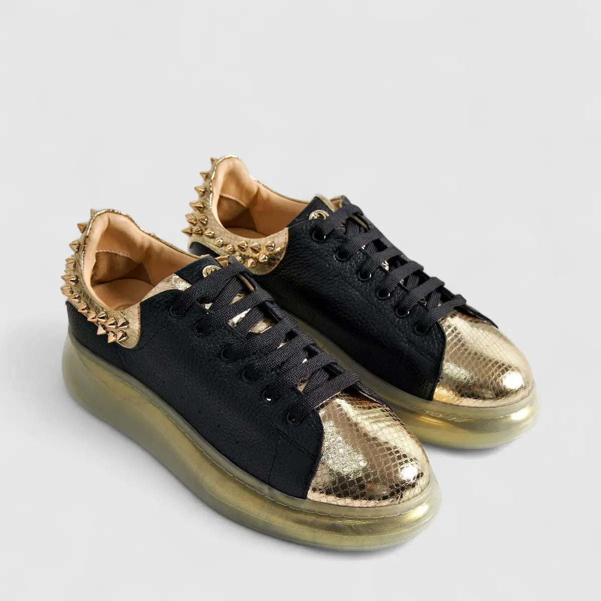 Poletto Ladies Leather Stud Sneaker Black Gold 77701 Sneakers | familyshoecentre