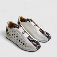Poletto Ladies Leather Stud Sneaker White Snake 4257143 Sneakers | familyshoecentre