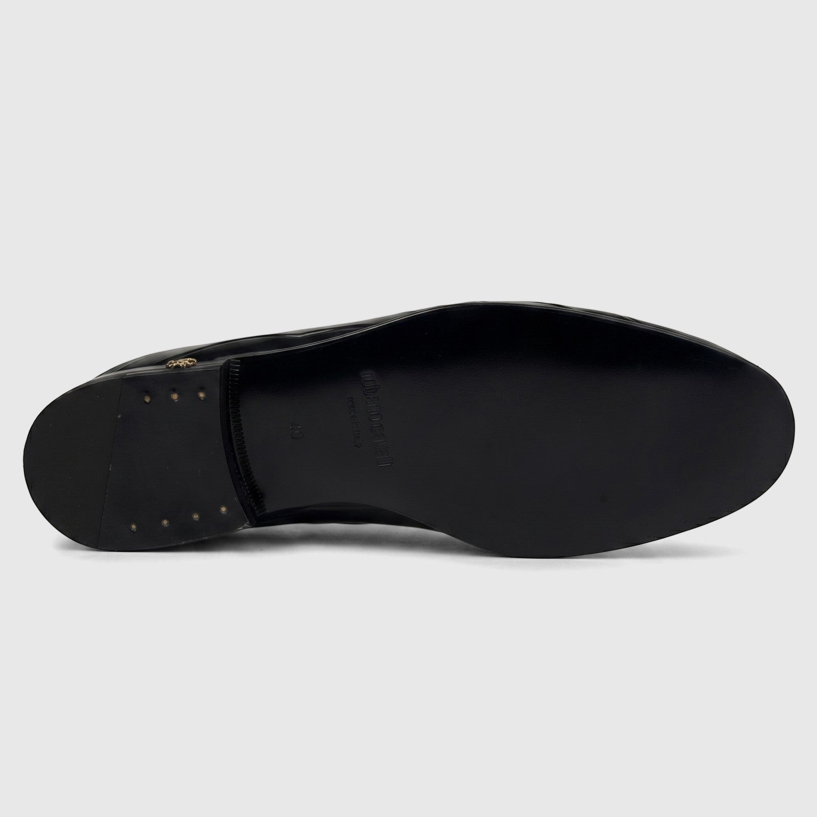 Bottom view of a black Roberto Cavalli Men's Leather Dress Loafer, showcasing the polished leather sole and heel.
