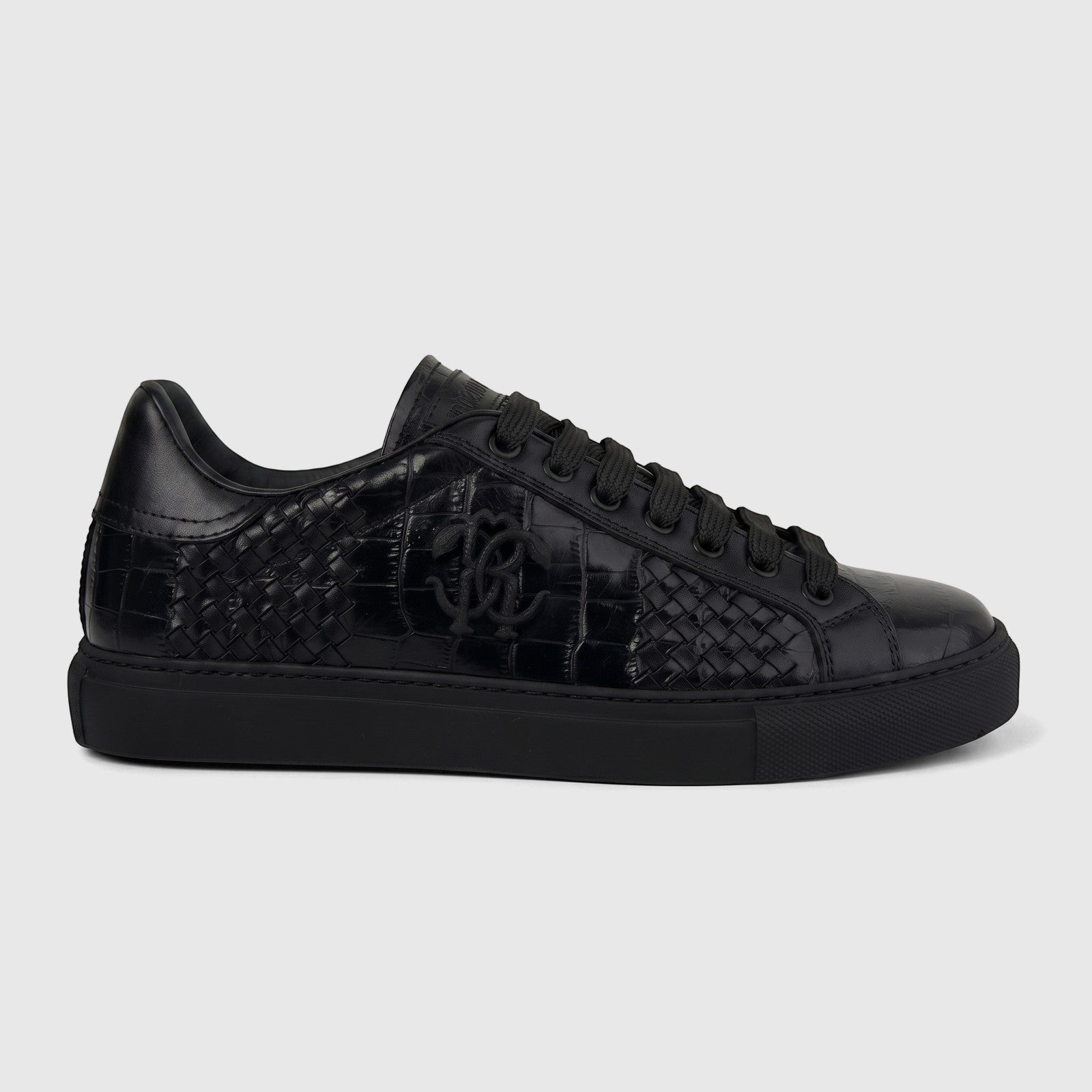 Roberto Cavalli Men's Leather Sneaker 30720 in black, featuring embossed and woven texture with RC logo, side view.