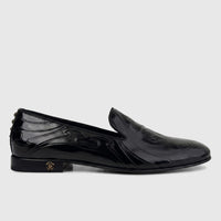 Black Roberto Cavalli men's patent leather dress loafer with embossed pattern and gold RC logo, side view.