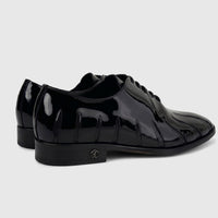 Roberto Cavalli Men's Leather Dress Oxford 30713 in black patent leather, showcasing its unique wavy details and heel logo.