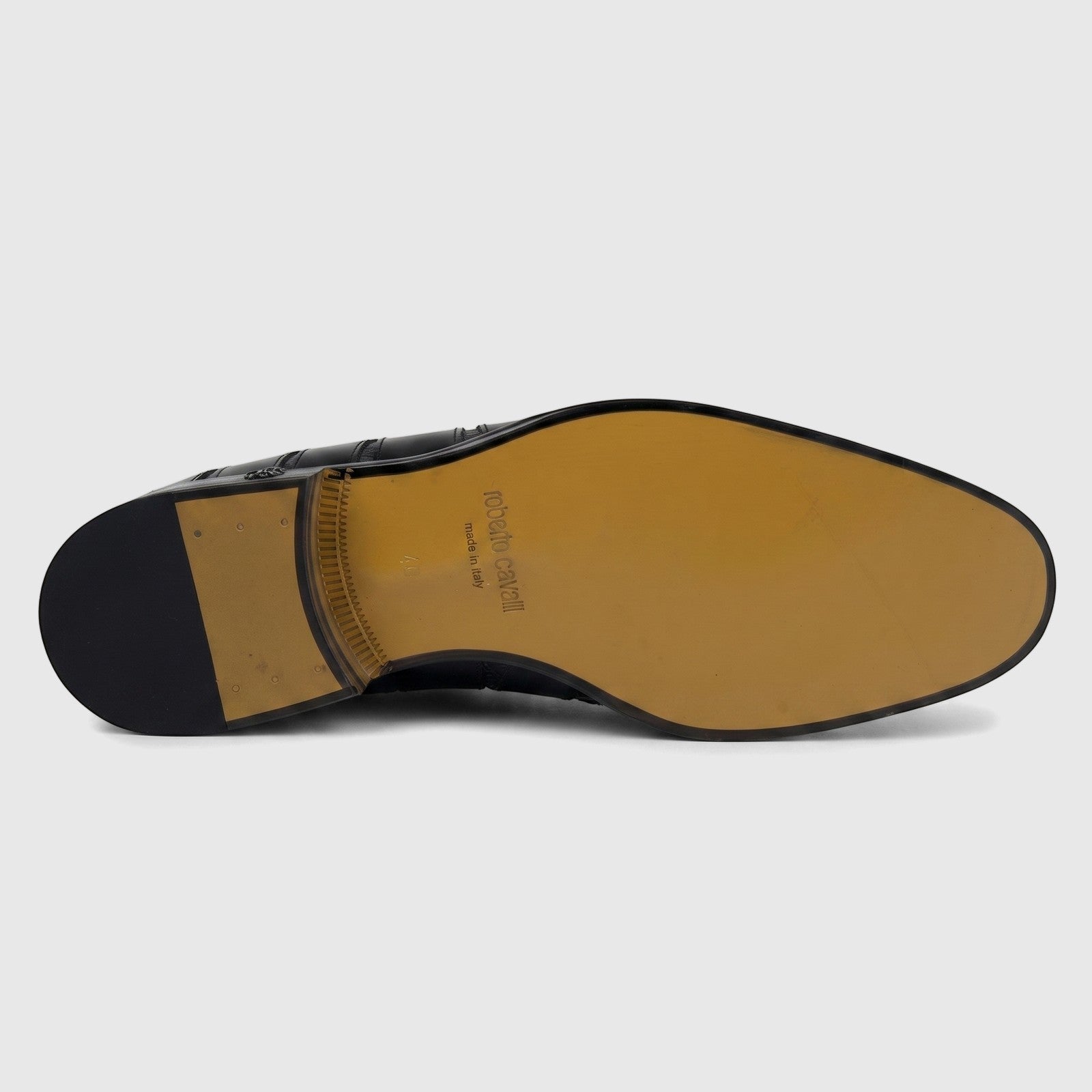 Roberto Cavalli Men's black patent leather dress oxford shoe, sole view, showing branding and size.