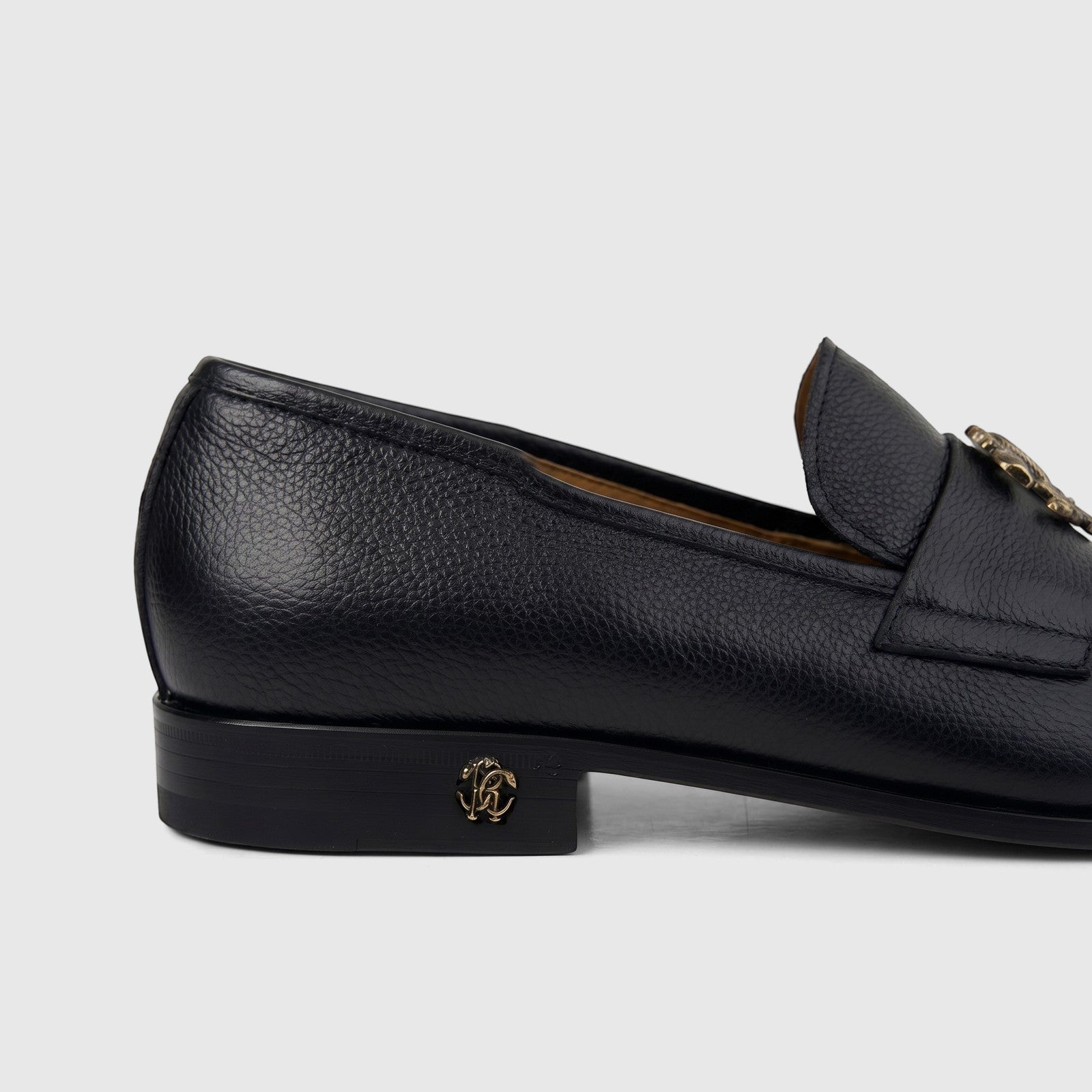 Roberto Cavalli Men's Leather Dress Slip On 30736 Black RC10, showing the side profile with detailed textured leather and