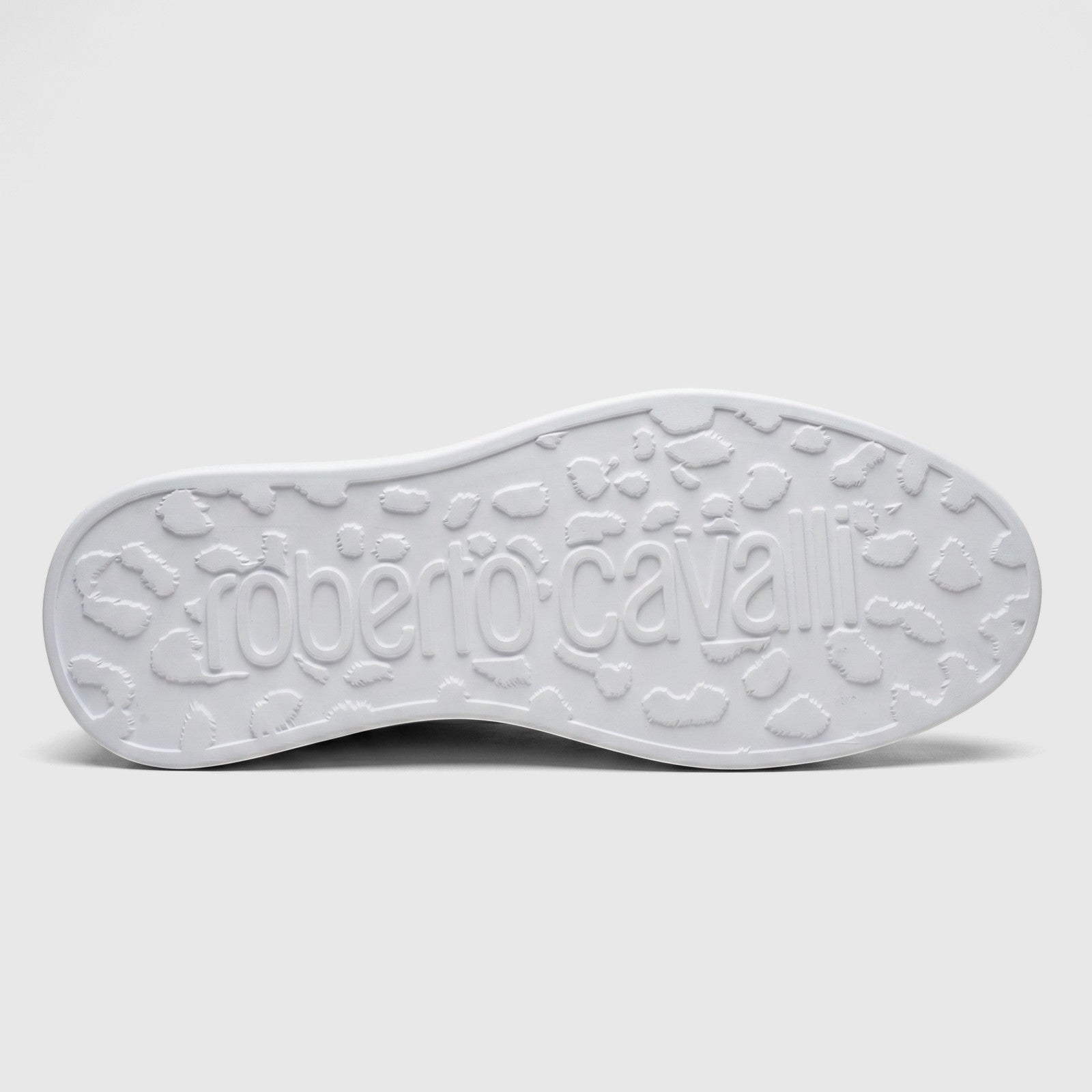 White Roberto Cavalli men's leather sneaker, bottom sole with embossed logo and textured leopard print design.