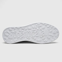 White Roberto Cavalli men's leather sneaker, bottom sole with embossed logo and textured leopard print design.