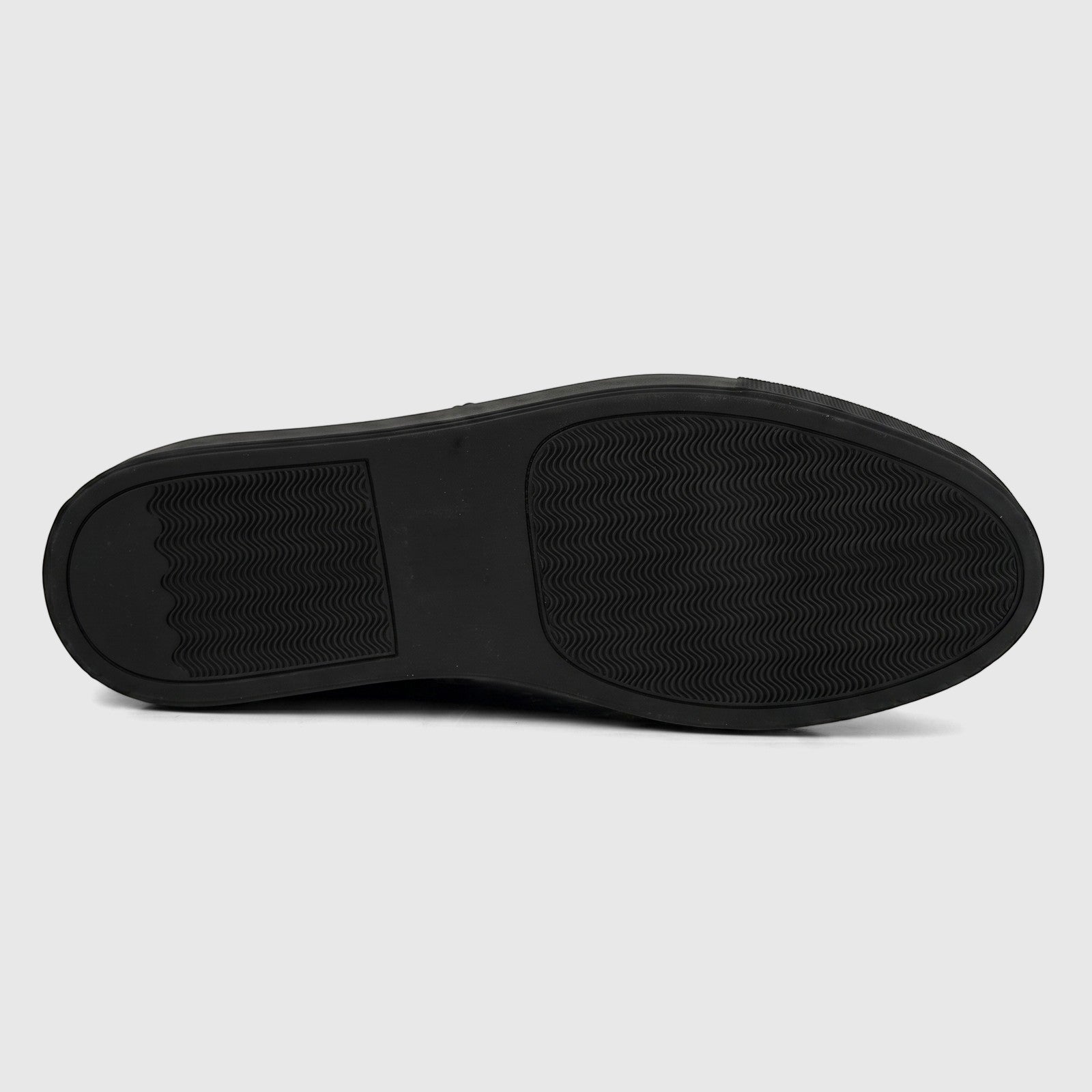 View of the black sole of a Roberto Cavalli Men's Leather Sneaker 30720, featuring a wavy traction pattern.