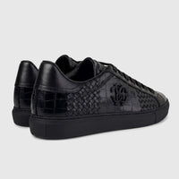 Roberto Cavalli Men's Leather Sneaker 30720 in black, featuring woven and crocodile-embossed textures, shown from a