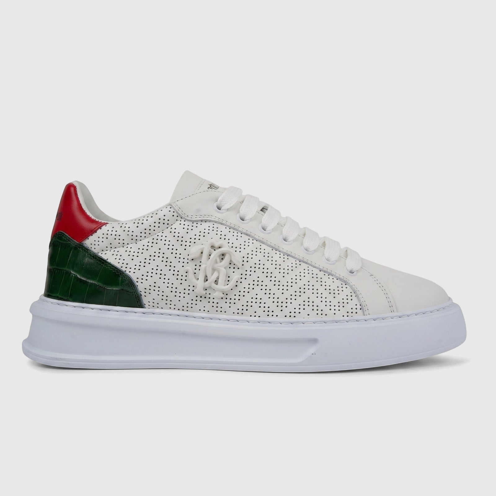 Roberto Cavalli Men's Leather Sneaker 30767 in white perforated leather, featuring red and green croc-embossed heel details,