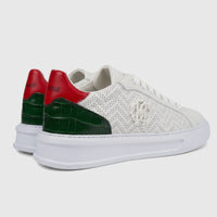 Roberto Cavalli men's white leather sneakers with red heel tabs, green crocodile-embossed accents, and perforated detailing,