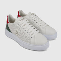 White Roberto Cavalli men's leather sneakers with red and dark green heel accents and perforated detailing, viewed at an