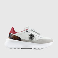Roberto Cavalli RC7 white and red sneaker with snakeskin print details and a chunky sole, shown in a side profile.