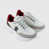 White, gray, and red Roberto Cavalli sneakers with thick white soles and a metallic RC emblem, displayed from an angled view.