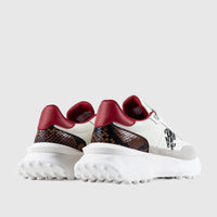 A pair of Roberto Cavalli White Sneakers with red and snakeskin details, featuring chunky ridged soles, seen from a