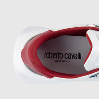Roberto Cavalli white sneaker with red trim, shown from a top-down view highlighting the brand logo inside.