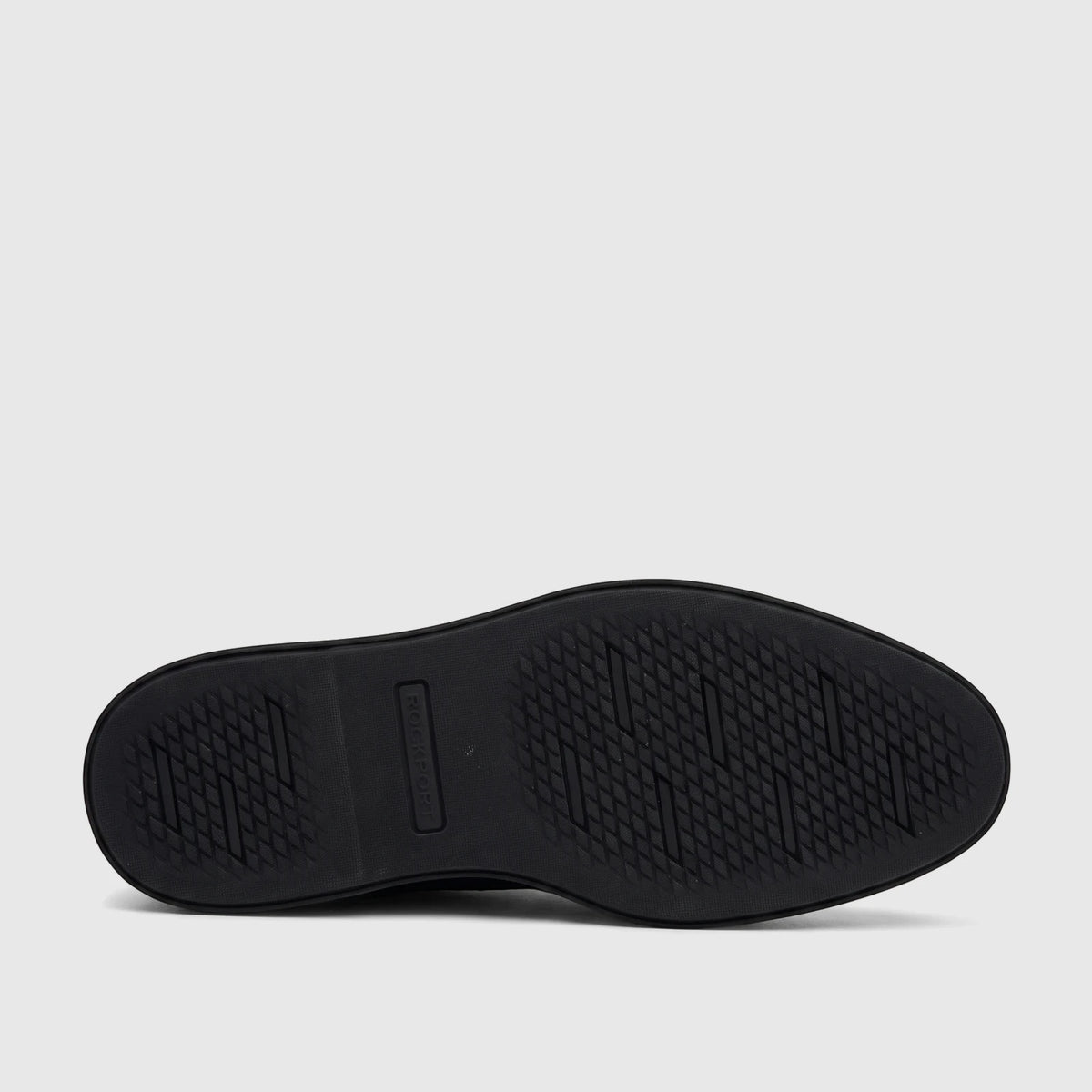 Bottom view of a black Rockport Men's Dress/Comfort Lace Up Leonard RP38 shoe, showcasing the durable black sole with a