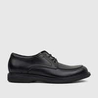 Rockport Men's Leonard black leather dress comfort lace-up shoe with a textured toe and thick sole, side view.