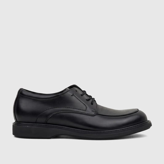 Rockport Men's Leonard black leather dress comfort lace-up shoe with a textured toe and thick sole, side view.