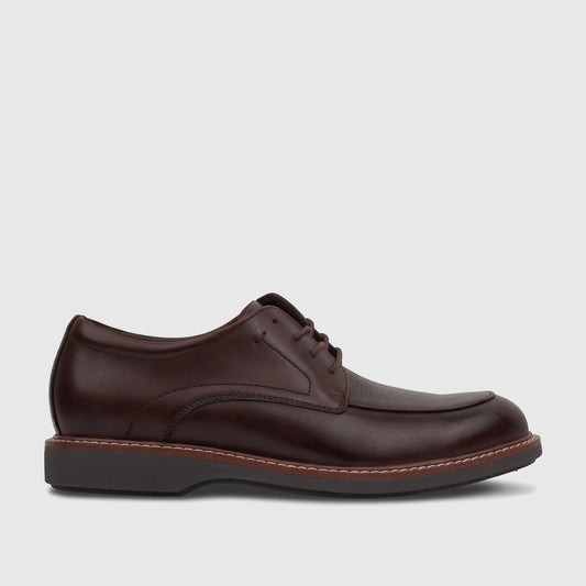Dark brown leather Rockport Men's Leonard dress shoes with laces, visible from the side, on a white background.