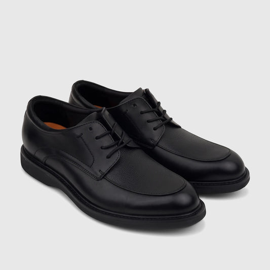Rockport Men's Leonard black leather dress comfort lace-up shoe with a textured toe and thick sole, side view.