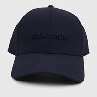 Front view of a navy blue Salomon adjustable cap, featuring the 'SALOMON' logo embroidered prominently on the front.