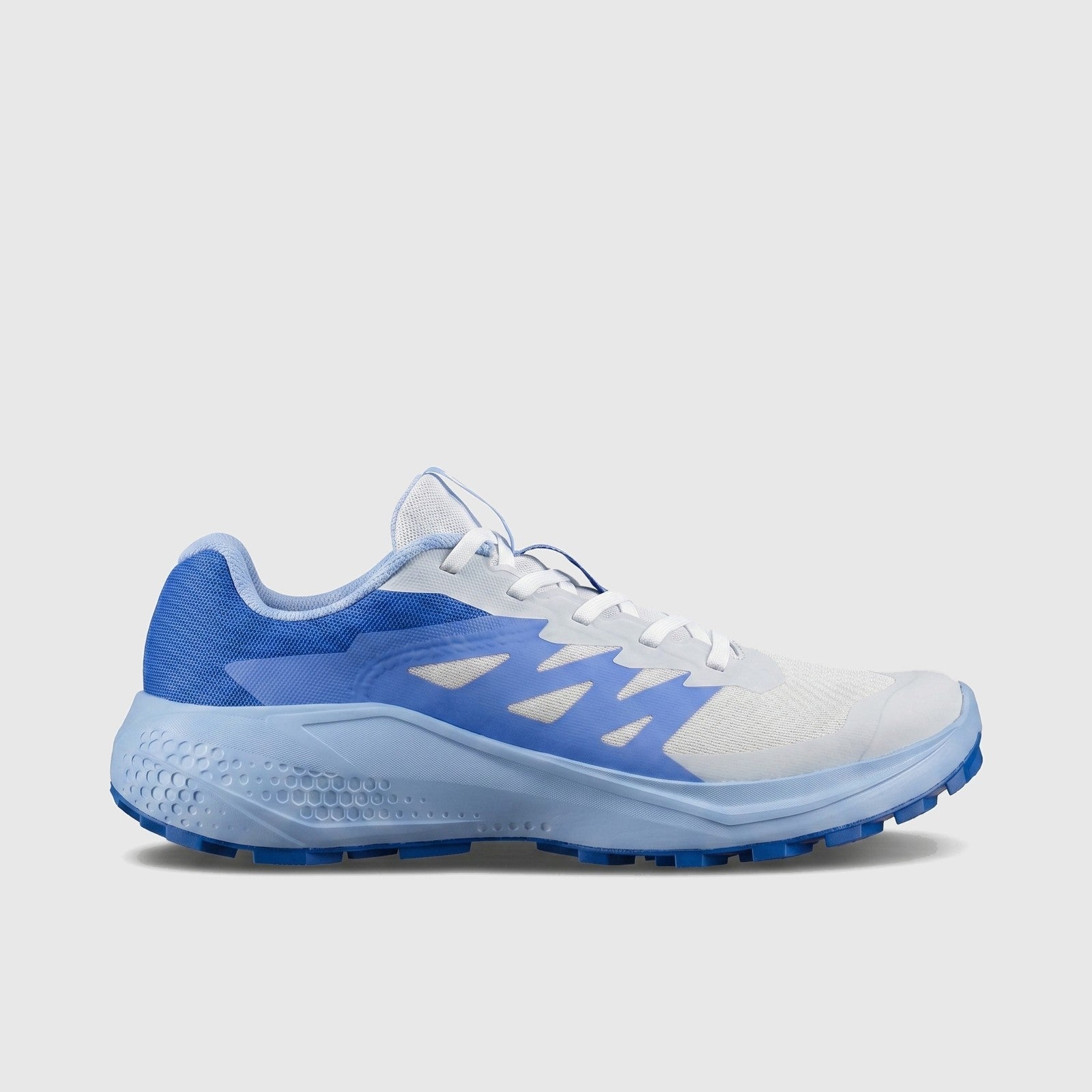 Salomon Alphaglide W ladies sneaker in Ancient Water blue and white mesh, lateral side view with cushioned sole