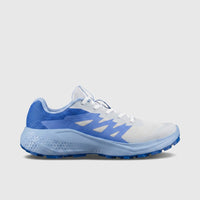 Salomon Alphaglide W ladies sneaker in Ancient Water blue and white mesh, lateral side view with cushioned sole
