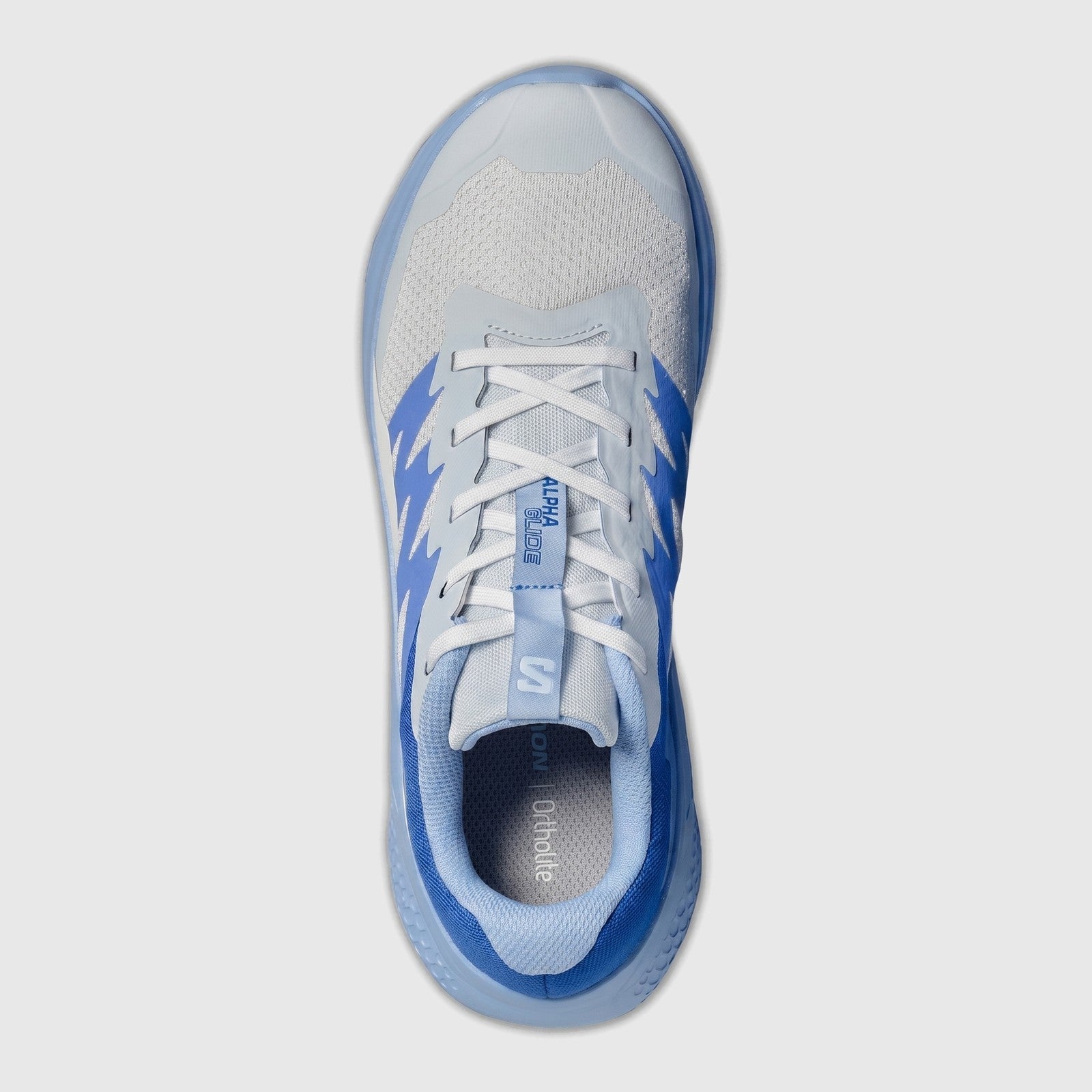 Salomon Alphaglide W ladies sneaker in Ancient Water and blue, breathable mesh upper, top view with laces.