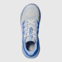 Salomon Alphaglide W ladies sneaker in Ancient Water and blue, breathable mesh upper, top view with laces.