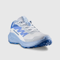 Salomon Ladies Sneaker Alphaglide W in Ancient Water and blue mesh, lace-up running shoe, front angled view.