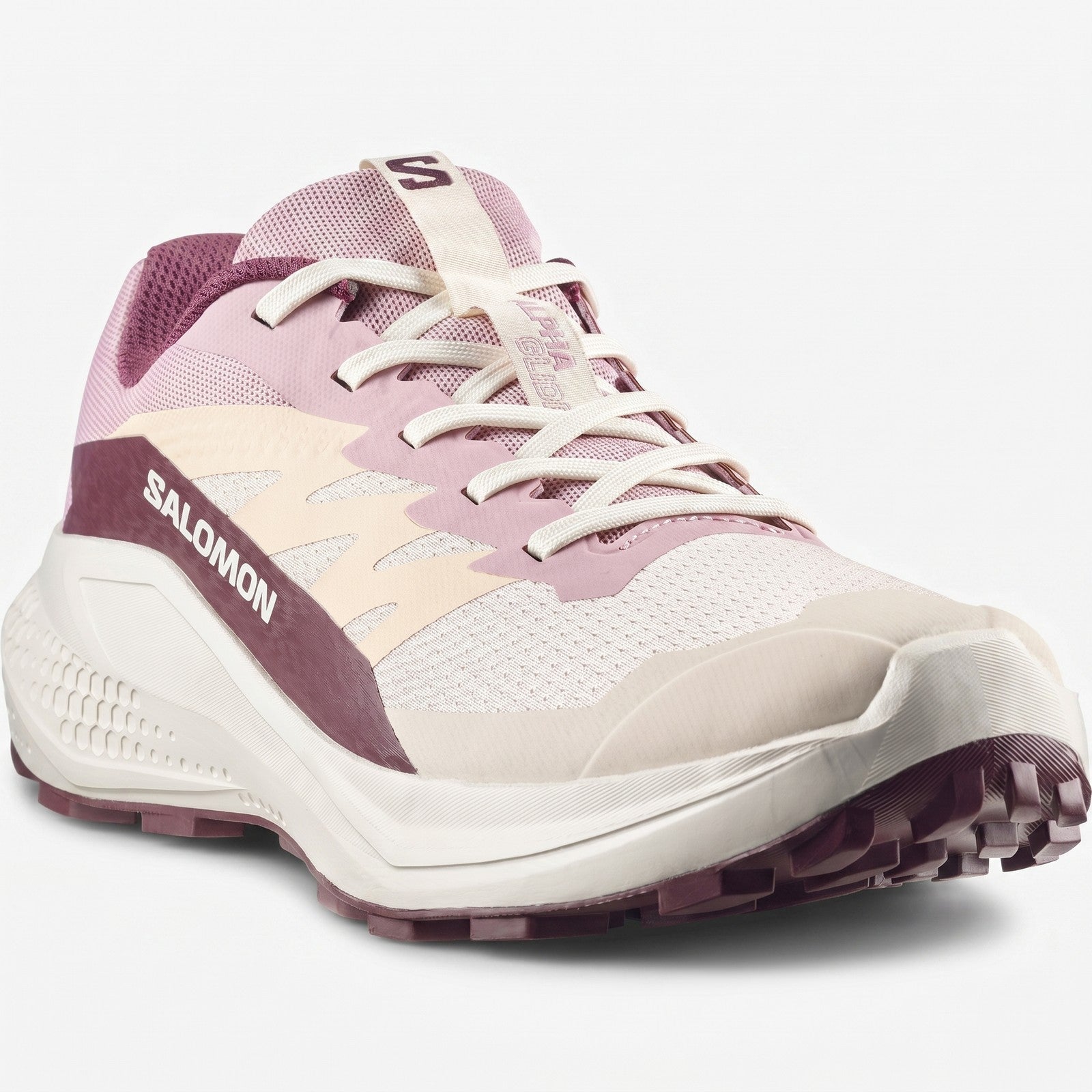 Salomon Alphaglide W ladies sneaker in tapioca and dawn pink mesh with huckleberry accents, front three-quarter view