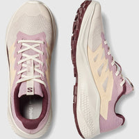 Salomon Alphaglide W ladies sneaker in tapioca and dawn pink mesh, top and side view with burgundy outsole.