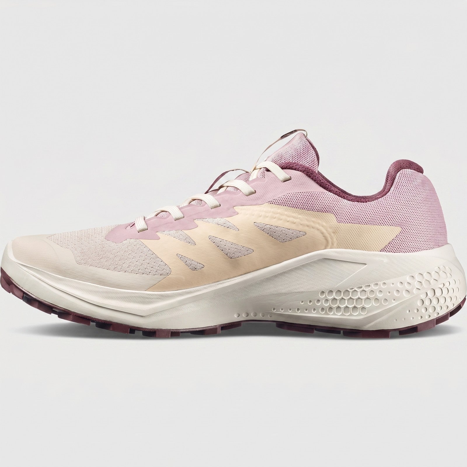 Salomon Alphaglide W ladies sneaker in tapioca and dawn pink mesh, side view with cushioned sole.